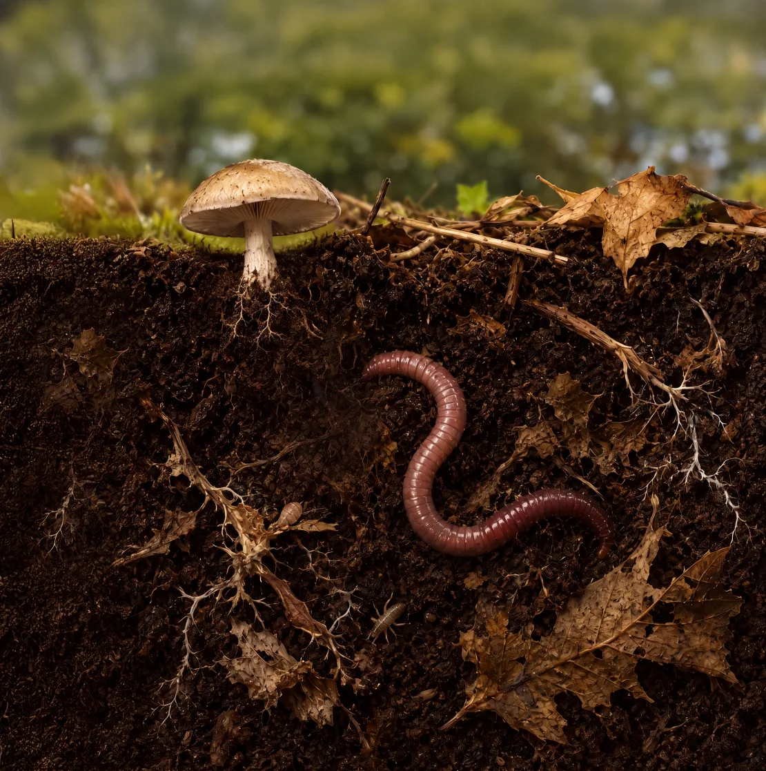 Querschnitt durch Waldboden mit Regenwurm und Pilzgeflecht